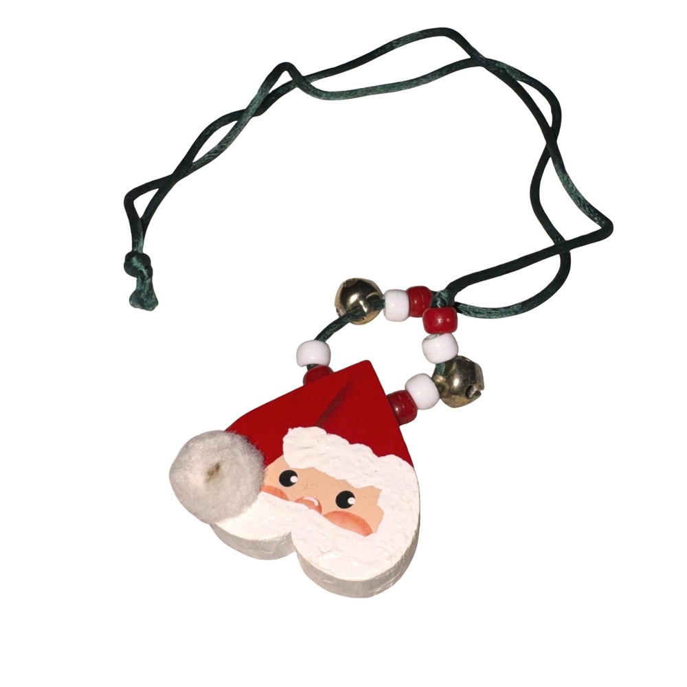 Vintage Santa Claus Heart Wood‎ Pendant Necklace Jingle Bells Red White Green